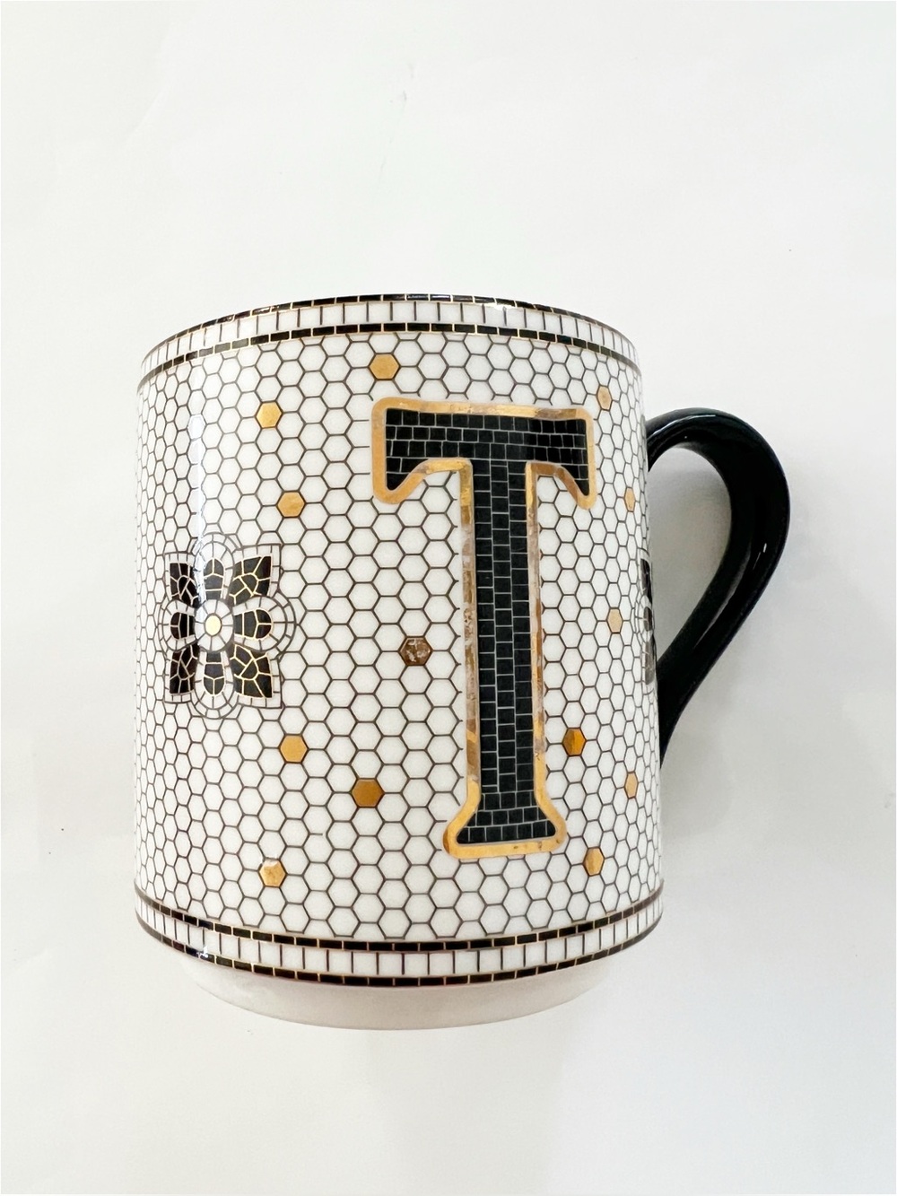 Anthropologie Bistro Tiled Margot Monogram Mug featuring the letter "T"